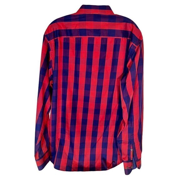 Bugatchi Dress Shirt Flip Cuff Plaid Red Blue Classic Button Up Mens Sz Large - Picture 2 of 8